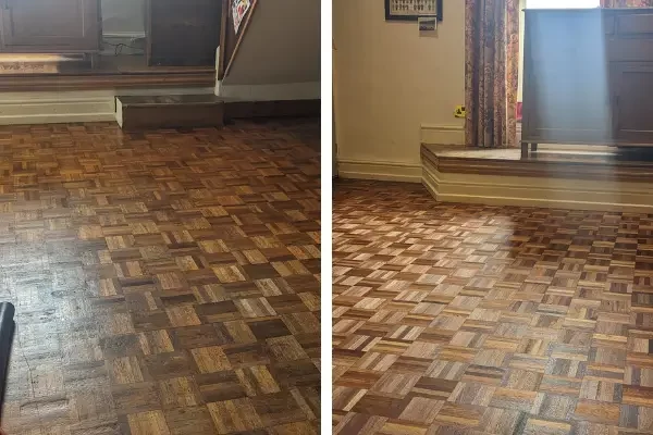 photo showing a teak parquet restoration project in Ulverston