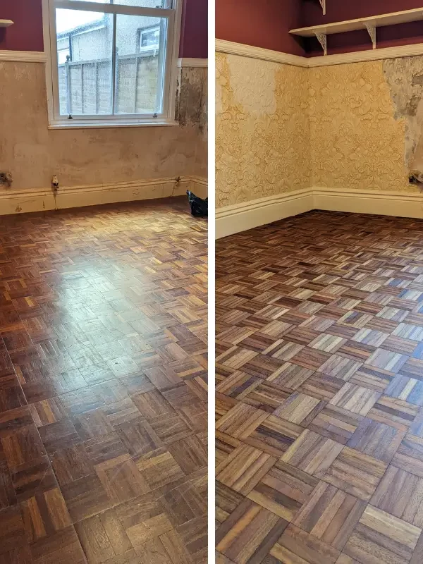 photo showing a teak parquet restoration project in Ulverston