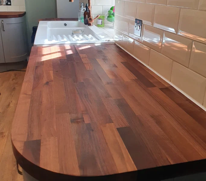 Example of a wooden worktop restoration project in Cumbria. Finished in a tough 2K worktop oil.